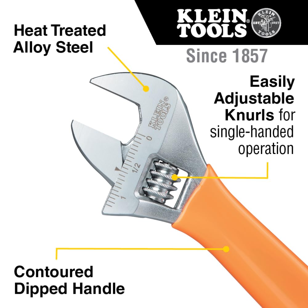 Klein Tools O5098 Adjustable Wrench, Extra-Wide Jaw, Forged Heat-Treated Alloy Steel, SAE and Metric Scales, Plastic-Dipped Handle, 8-Inch