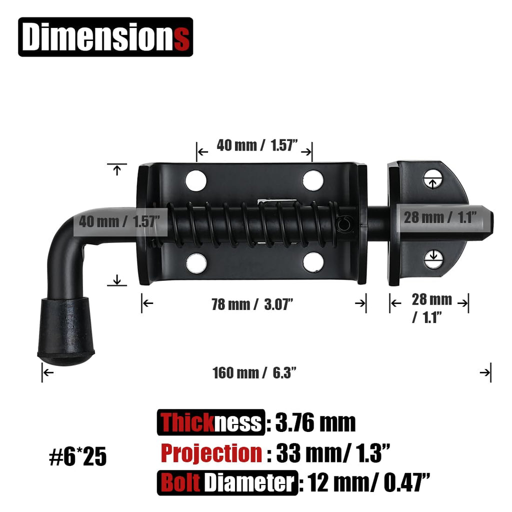 JQK Spring Loaded Barrel Bolt Latch, Heavy Duty 304 Stainless Steel Thickened 3mm Door Lock, 6.3 Inch Black, HSB410-BK-P2