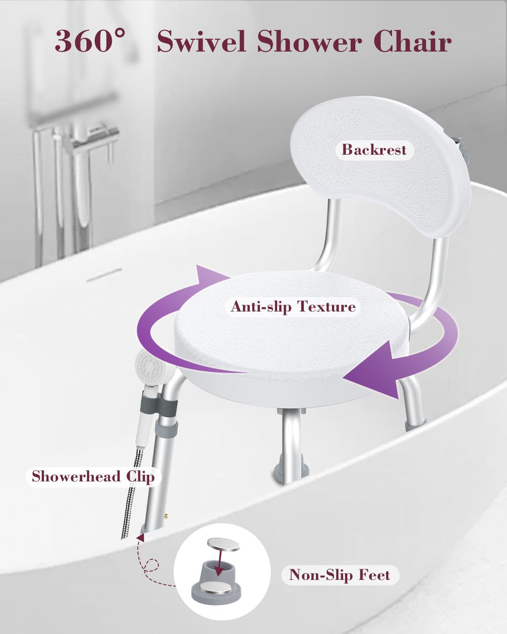Fvzzin Swivel Shower Chair, 360° Non-Slip Shower Seat with Backrest for Elderly and Disabled, Height Adjustable Rotating Tub Transfer Bench for Seniors Bathroom Inside Shower(White)