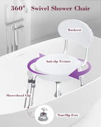 Fvzzin Swivel Shower Chair, 360° Non-Slip Shower Seat with Backrest for Elderly and Disabled, Height Adjustable Rotating Tub Transfer Bench for Seniors Bathroom Inside Shower(White)