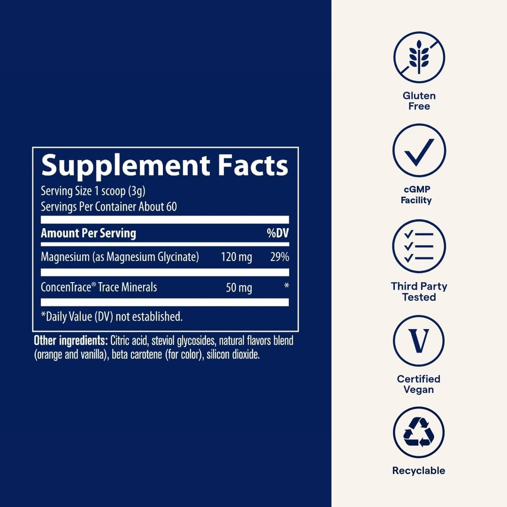 Trace Minerals Magnesium Glycinate Powder - Daily Magnesium Powder for Sleep Support - Calming Bedtime Drink - Natural & Gentle - Orange Dream - 180g (60 Servings)