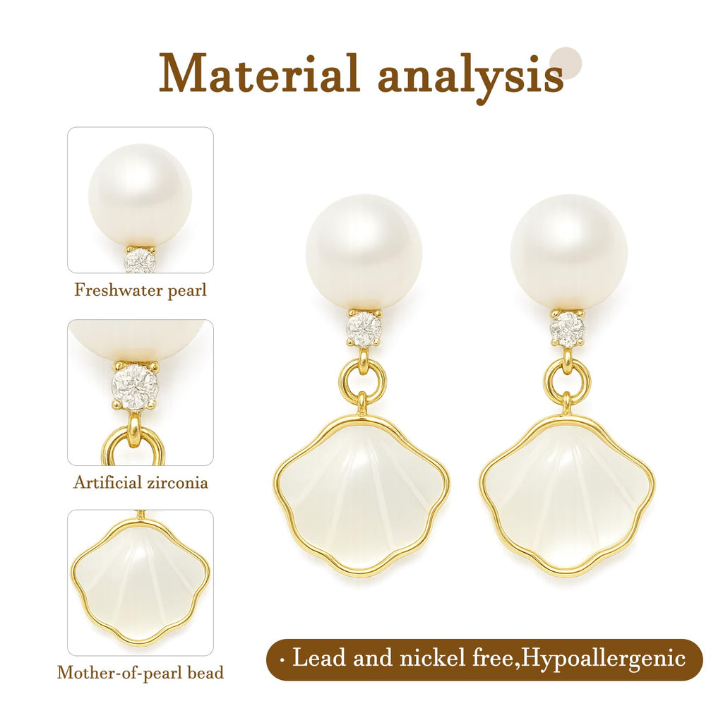 Pearl Shell Earrings for Women, 18K Gold Plated Brass Boho Drop Earrings with Freshwater Pearl & Mother of Pearl, Hypoallergenic Beach Jewelry Gifts