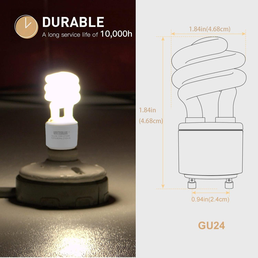 UNITEDLUX 13Watt T2 Spiral CFL GU24 2 Prong Light Bulb Base 2700K 900lm 120v 60Hz Light Bulb- Mini Twist Lock Spiral -Self Ballasted Compact Fluorescent Soft White Pack of 3
