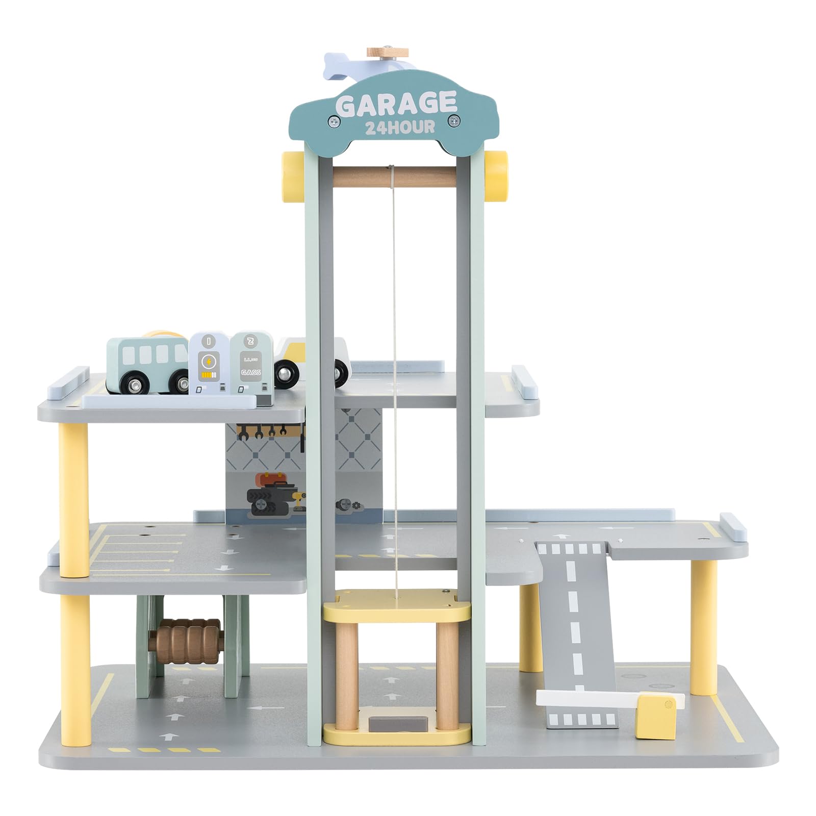 GLACER Wooden Garage Playset, Toddler Parking Garage Toy w/Elevator, Helipad, Wash Center, Charging & Gas Station, Pretend Vehicle Center for Kids 3+ Years Old