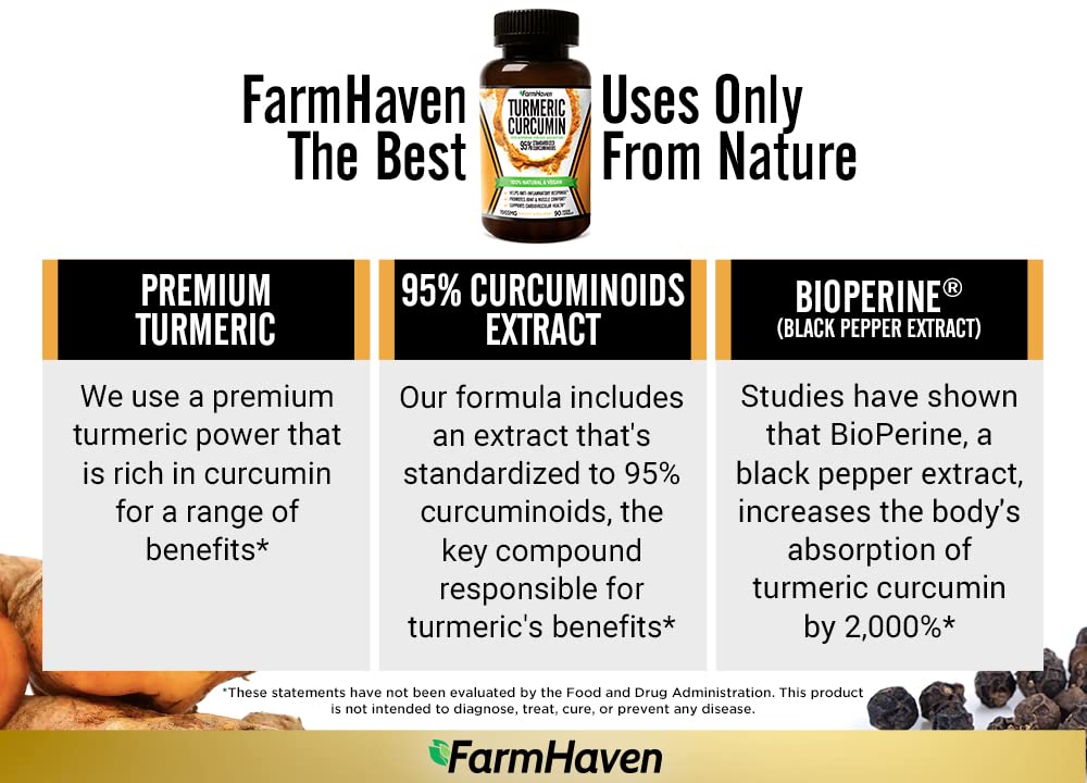 Turmeric Curcumin with BioPerine Black Pepper & 95% Curcuminoids, 1965mg, Maximum Absorption for Joint Support, Non-GMO Turmeric Capsules, Made in USA - 90 Veg Caps