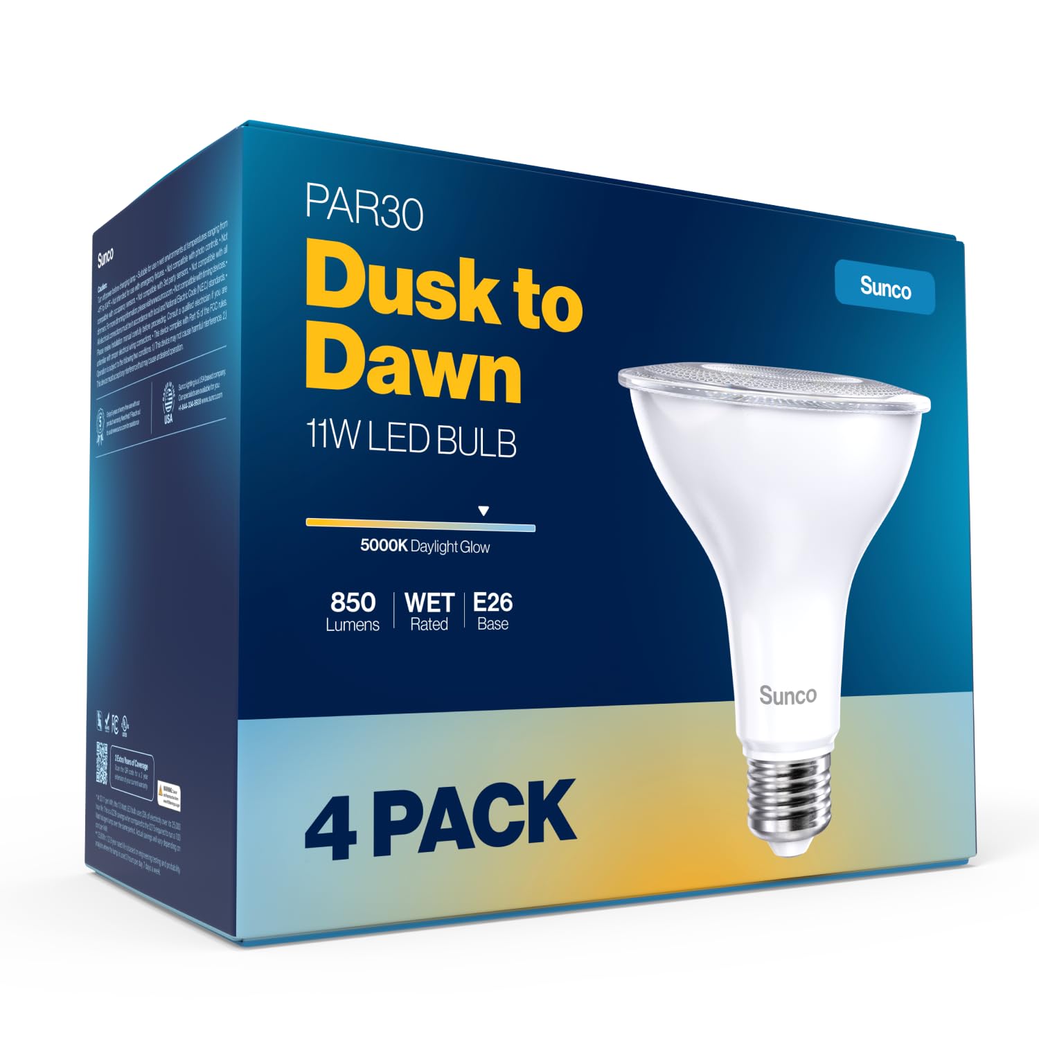 Sunco 4 Pack PAR30 LED Dusk to Dawn Light Bulbs, 850 Lumens, 11W, 5000K Daylight, Non-Dimmable, E26, Wet Rated Outdoor Flood Light Bulb with Photocell Sensor, for Porch, Patio, Backyard, UL