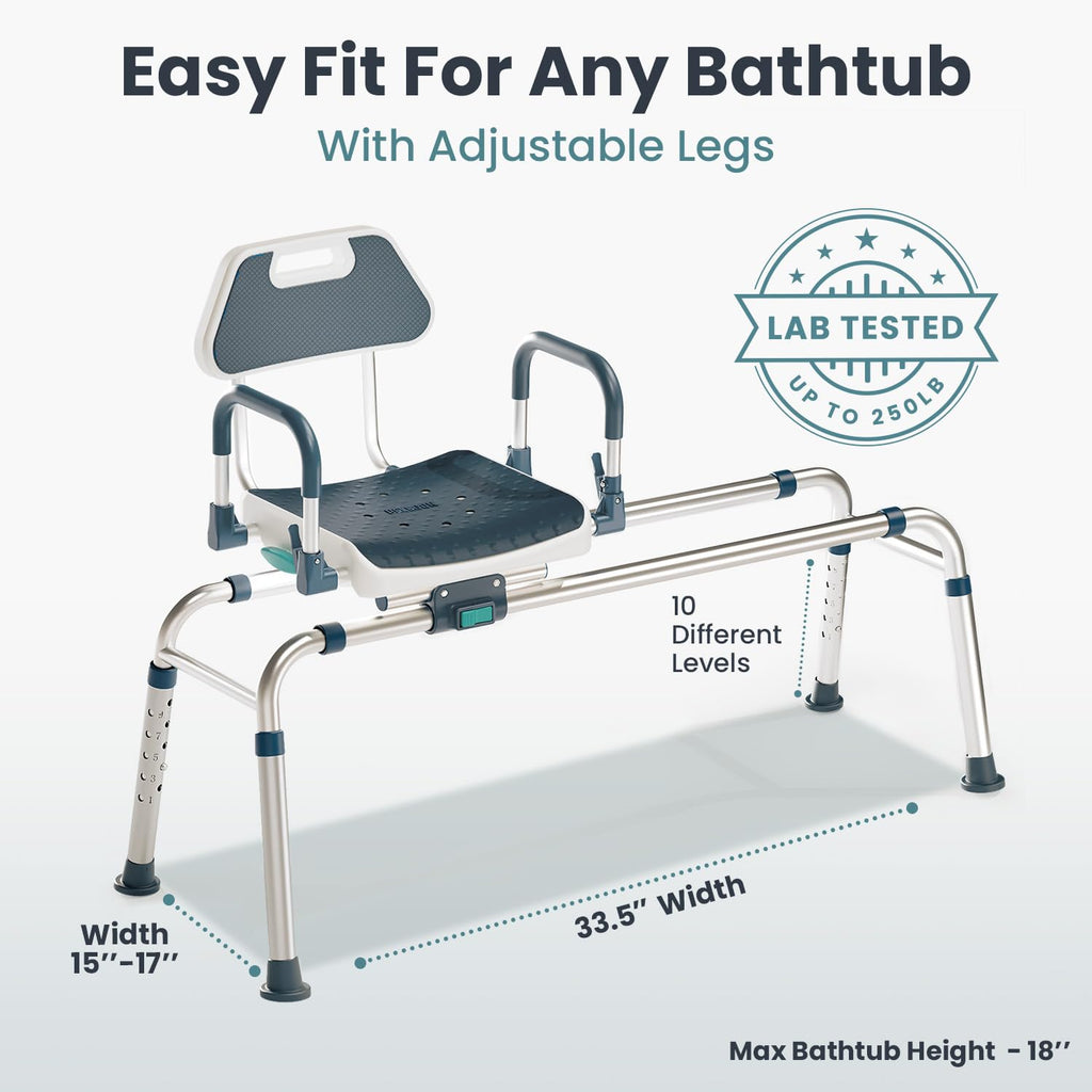 Sliding Shower Chair Tub Transfer Bench with Swivel Seat, Shower Bench for Elderly and Disabled, with Security Belt, 360 Rotation, Slides and Rotates, Adjustable,one Touch Slide Button, Dark Blue