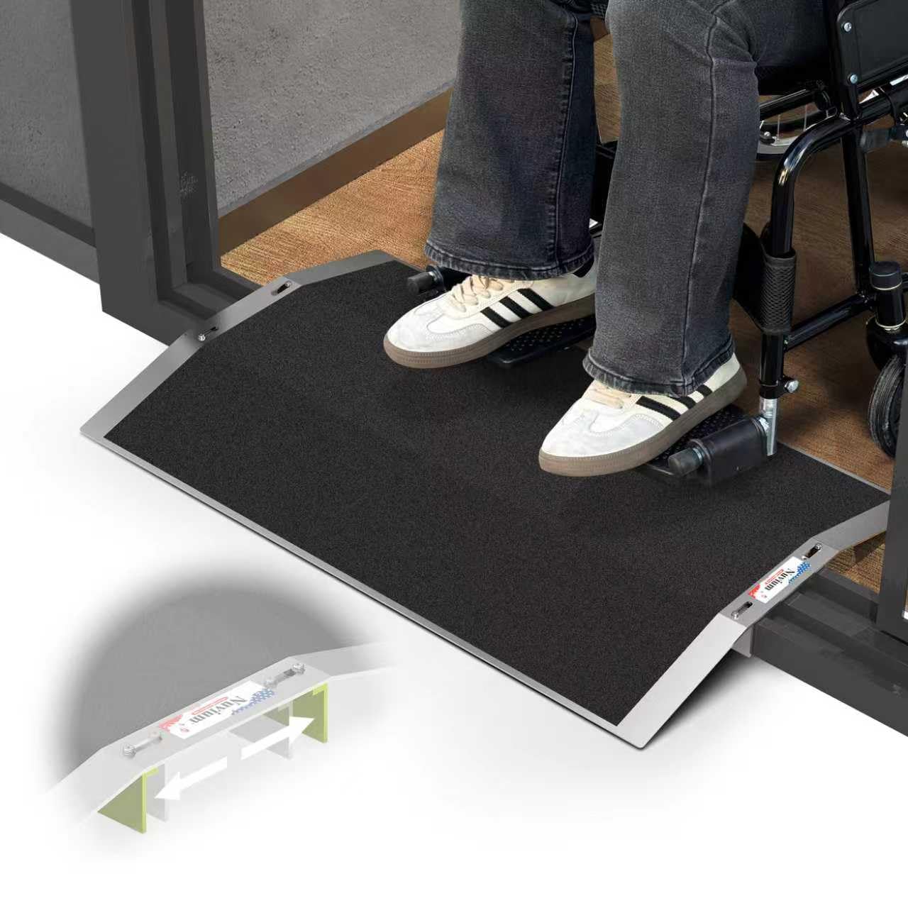 Nuvium 27.6"L×1.6"H Bridge Threshold Ramps for Doorways, Fits 2.8–5.1" Wide Thresholds with Adjustable Support Bars, Non-Slip Aluminum Wheelchair Ramps for Home Steps, Sliding Door Ramp for Wheelchair