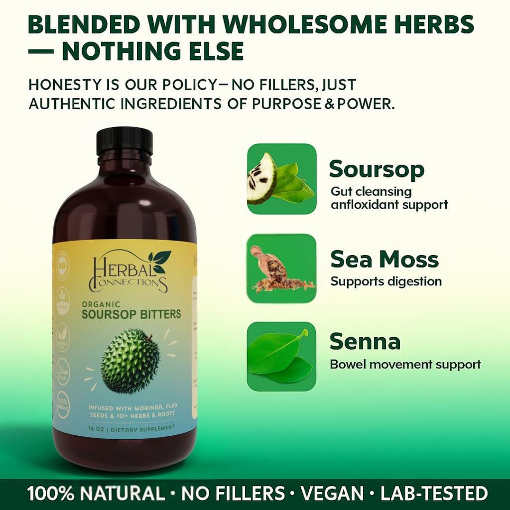 Organic Soursop Bitters Liquid Glass with Moringa and Aloe Vera - Infused with 10+ Herbs - 16 Ounces Vegan Blend