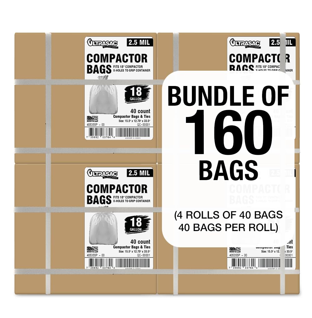 Ultrasac 18 Gallon Compactor Bags (160 Pack with Ties) For 18 Inch Compactors - 28.25" x 33.5" Heavy Duty 2.5 MIL Garbage Disposal Bags Compatible with Whirlpool