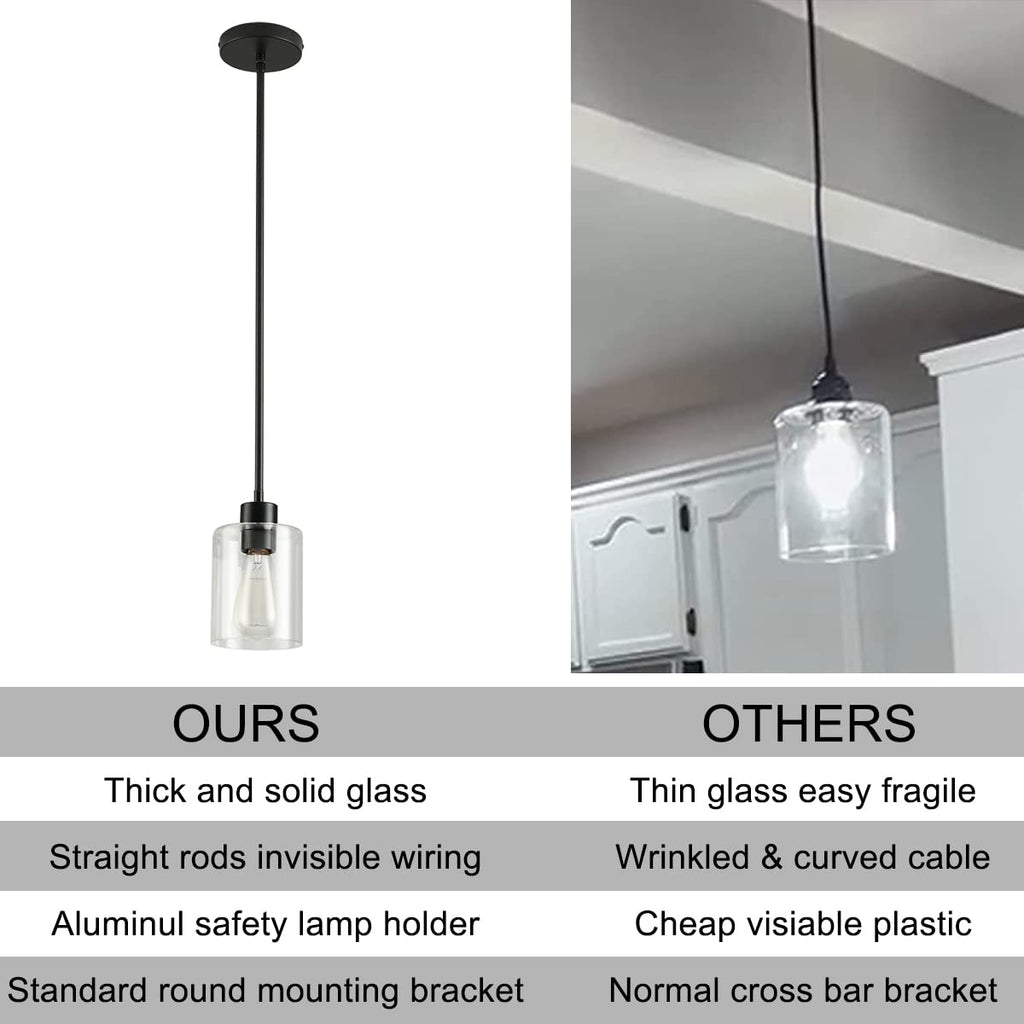 KLSS Black Pendant Lights Kitchen Island,Modern Farmhouse Glass Pendant Light,Light Fixture Kitchen Pendant Mini Hanging Light Fixture for Sink (1 Pack Black stem Rod)