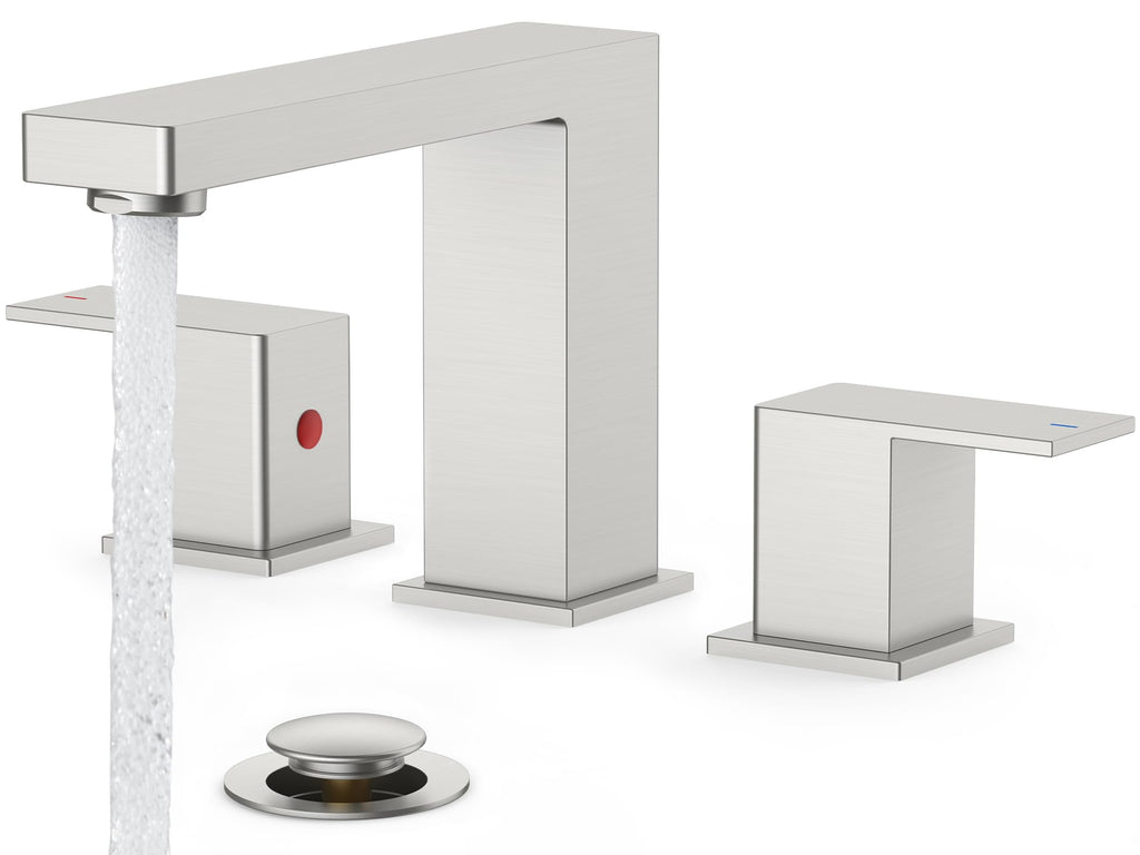FORIOUS Brushed Nickel Bathroom Faucets 3 Hole, Stainless Steel 2 Handle Square 8 in Widespread Bathroom Sink Faucet Silver with Metal Pop up Drain, CUPC Water Hoses