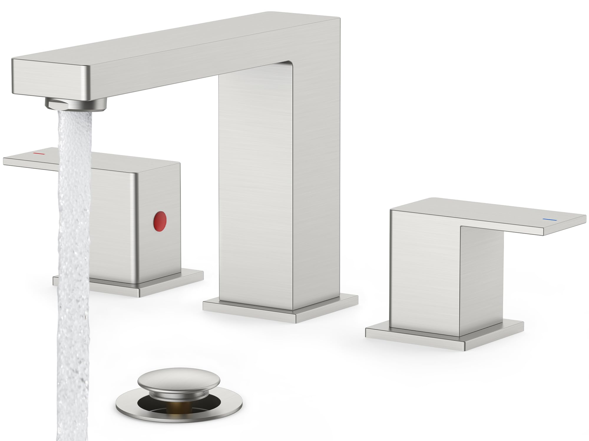 FORIOUS Brushed Nickel Bathroom Faucets 3 Hole, Stainless Steel 2 Handle Square 8 in Widespread Bathroom Sink Faucet Silver with Metal Pop up Drain, CUPC Water Hoses