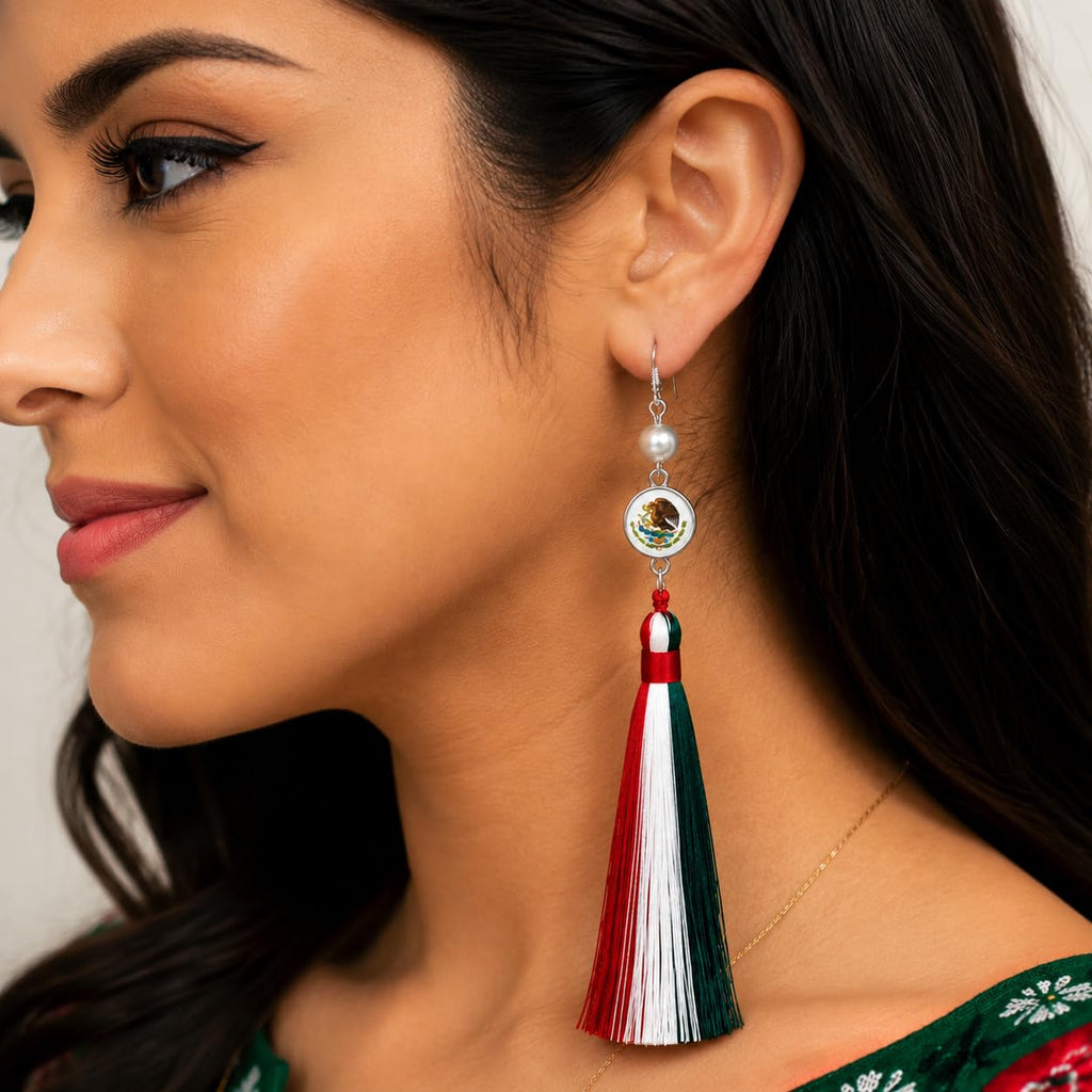 Handmade 925 Silver Plated Long Tassel Earring,Premium Mexican Heritage Jewelry,Patriotic Festival Gift Mothers Party Boho