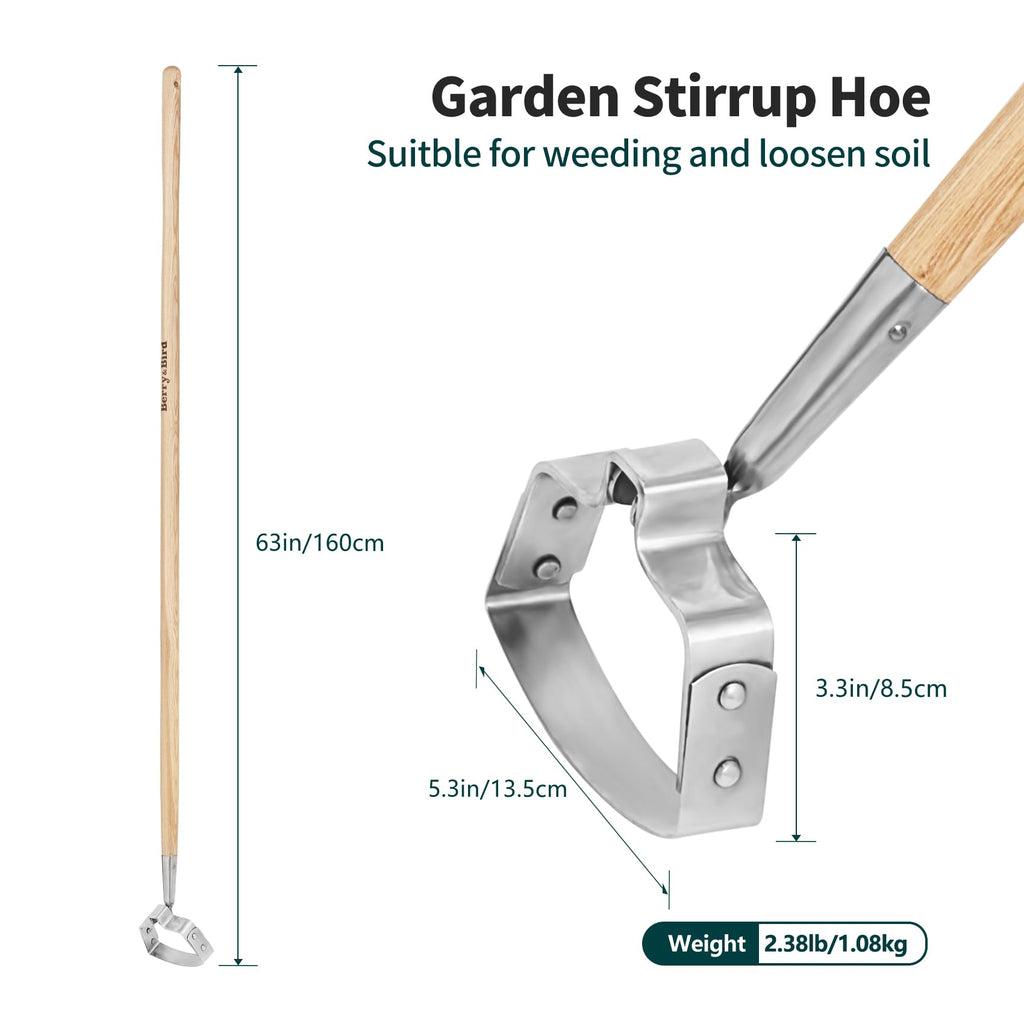 Berry&Bird Action Hoe, 63'' Stainless Steel Hula Stirrup Hoe, Wooden Grip