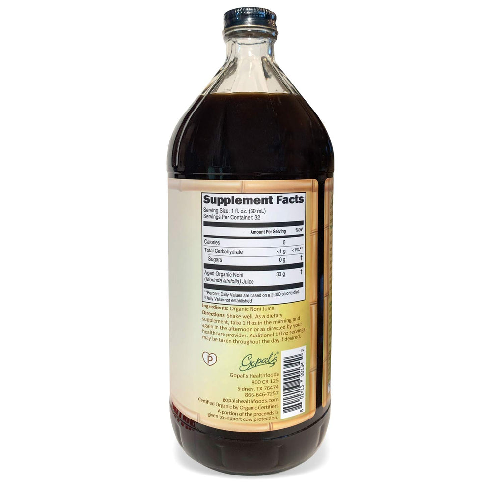Noni One | 100% Pure Organic Noni Juice - 32oz Glass Bottle (1 qt) | Gluten-Free and Vegan Superfruit Supplement, 30 grams of Noni Juice Per Serving, Vitamin and Antioxidant Rich | Gopal's Healthfoods