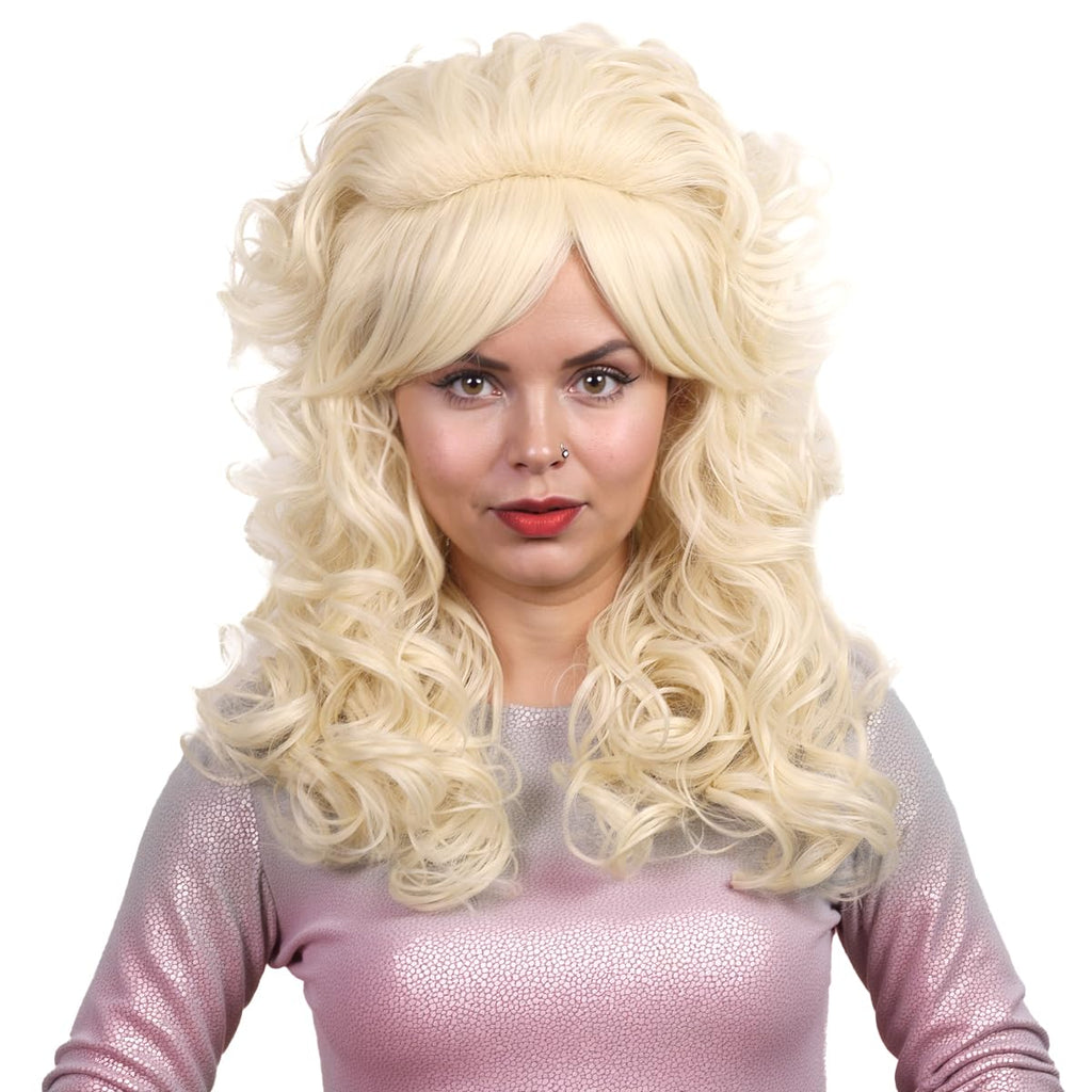 FantaLook Blonde Long Curly Wig with Bangs, Vintage Costume Wig for Women