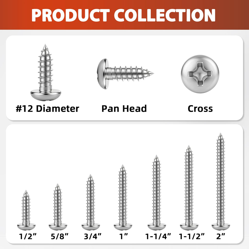 Mellewell #12 x 1 Pan Head Self Tapping Screw, Pan Head Sheet Metal Screws Wood Screws, Stainless Steel 304 (18-8), 50 Pack
