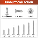 Mellewell #12 x 1 Pan Head Self Tapping Screw, Pan Head Sheet Metal Screws Wood Screws, Stainless Steel 304 (18-8), 50 Pack