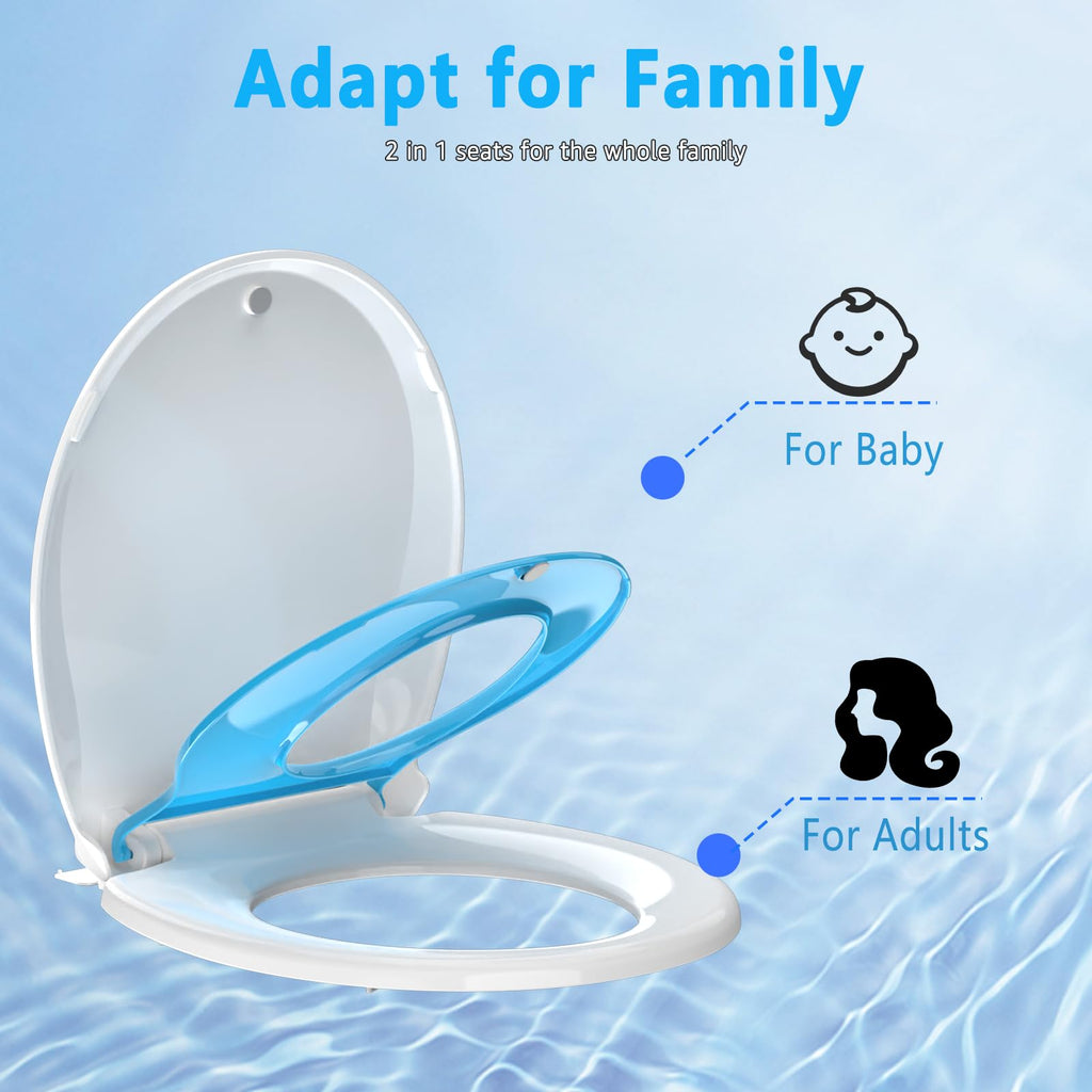 Aünsffer Toddler Toilet Seat with Potty Training Seat Round 16.5inch, 2 in 1 Toilet Seat for Family Built-in Baby Seat Removable, Soft Close + Easy Clean, PP Safe Material, Blue