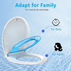 Aünsffer Toddler Toilet Seat with Potty Training Seat Round 16.5inch, 2 in 1 Toilet Seat for Family Built-in Baby Seat Removable, Soft Close + Easy Clean, PP Safe Material, Blue