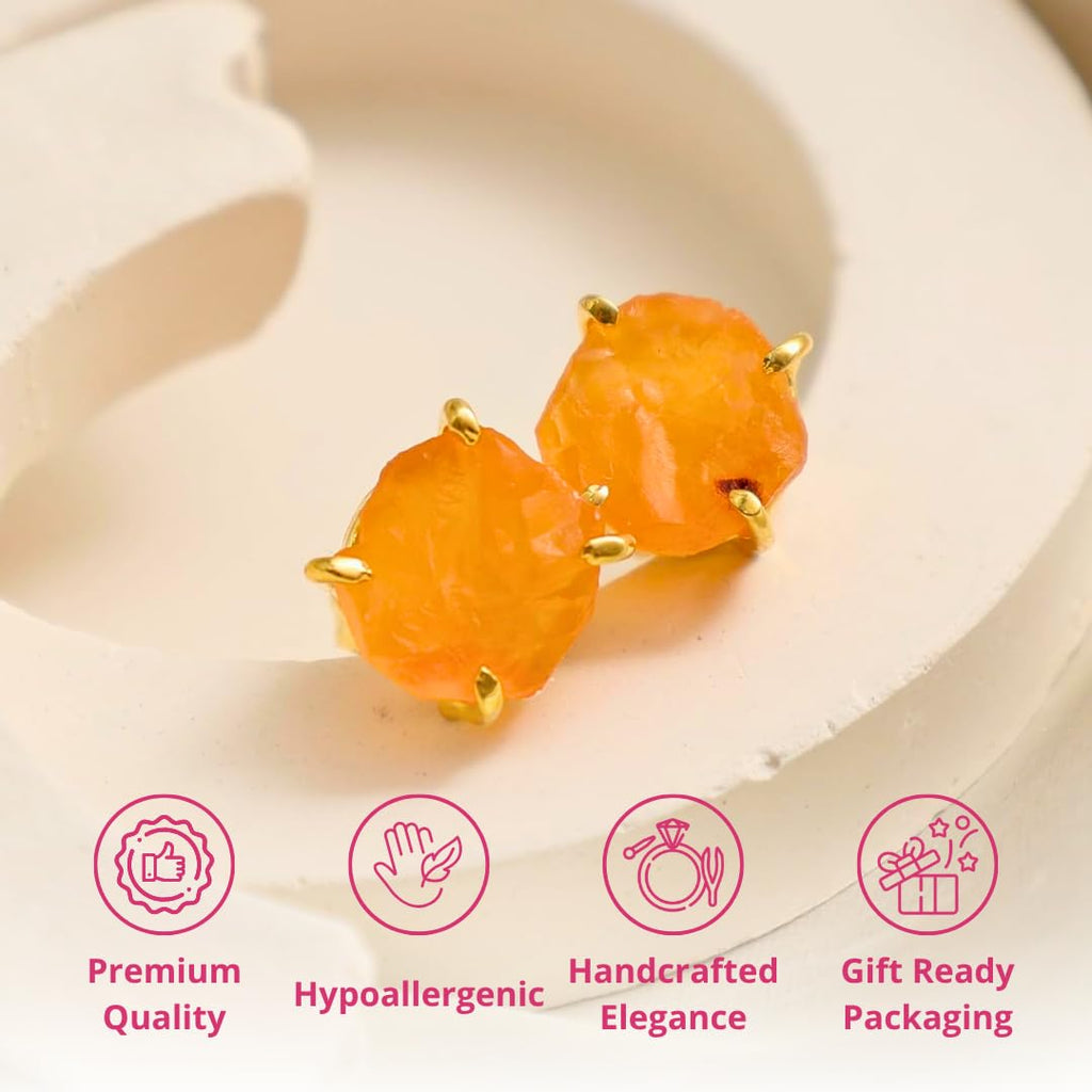 Gempires Raw Orange Carnelian Stud Earrings for Women, Gold Crystal