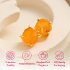 Gempires Raw Orange Carnelian Stud Earrings for Women, Gold Crystal