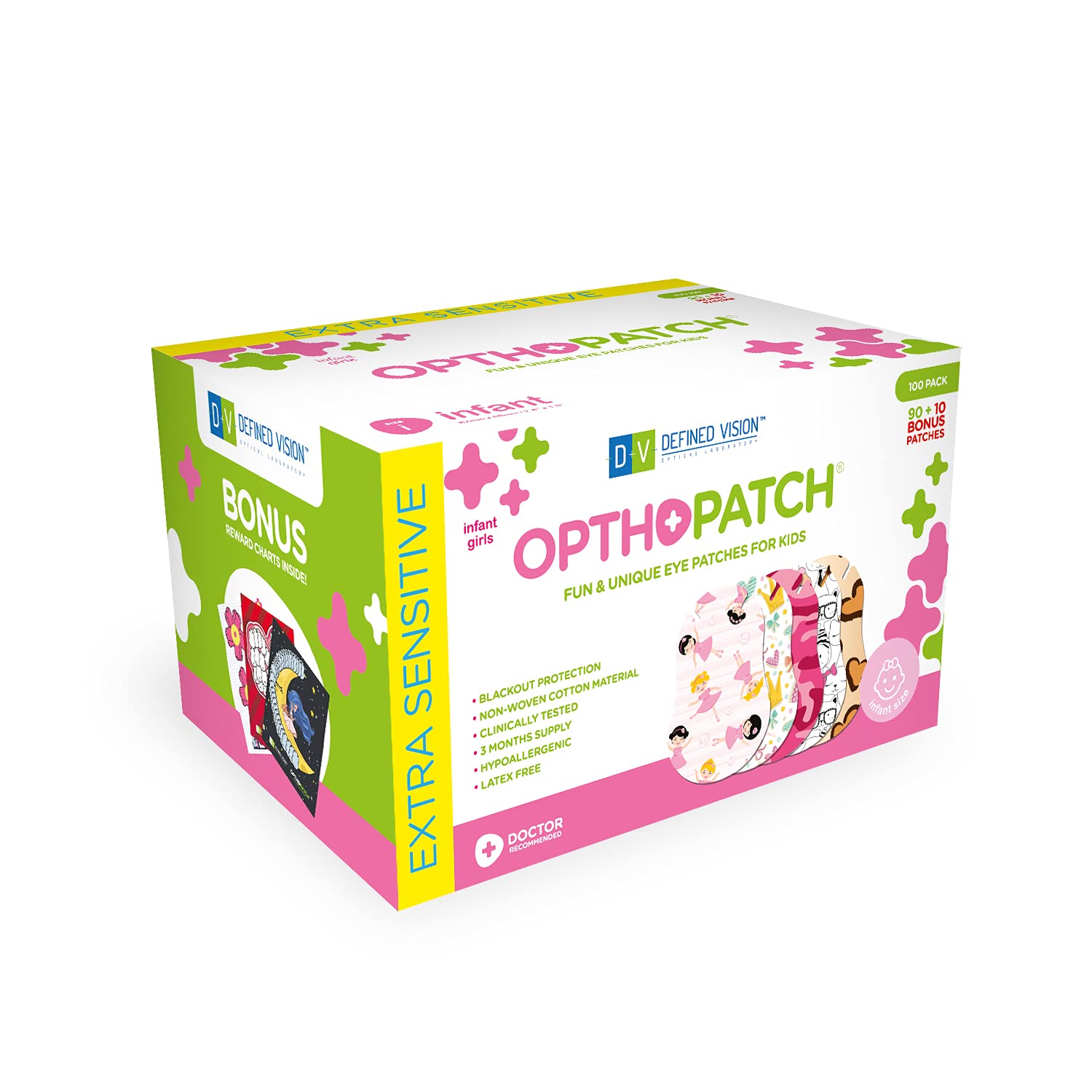 Opthopatch Eye Patches for Infants - Extra Sensitive Adhesive - Girls' Design [Series II] - 100 Count + 3 Reward Charts