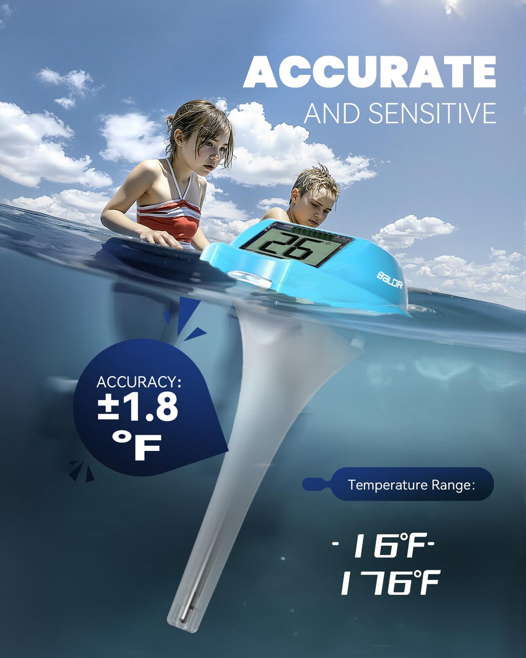 BALDR Pool Thermometer Floating Easy Read, Solar Digital Pool Thermometer with Dual Large Screens, IPX7 Water Temperature Gauge for Inground Above Ground Pools & Spas (Light Blue)