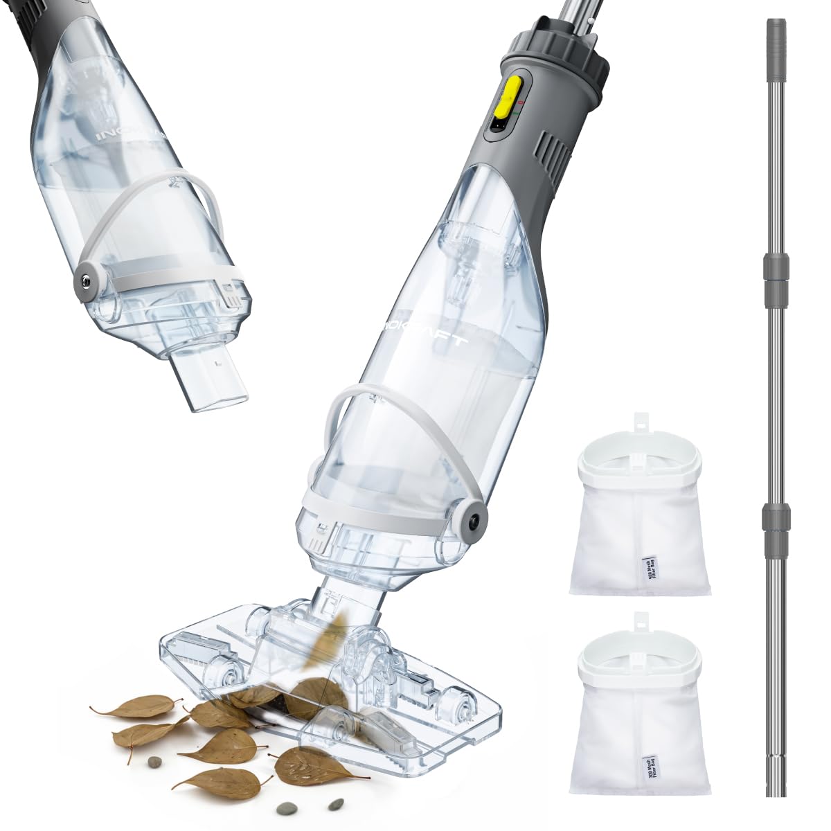 InoKraft Pool Vacuum for Above Ground Pool, Cordless Pool Vacuum for Inground Pools, Rechargeable Pool Cleaner with Powerful Suction, Above Ground Pool Vacuum with 59” Extendable Pole, Gray