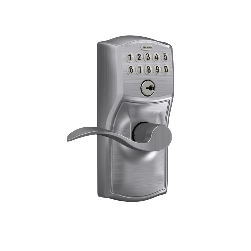 Schlage Camelot Keypad Lock with Lever Handle, Electronic Keyless Door Entry, Flex Lock Auto‑Lock Option, Satin Chrome, FE595 CAM 626 ACC