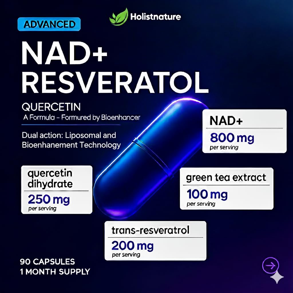 NAD+ Supplement, 1,360mg Max Strength Liposomal | Resveratrol, Quercetin, Green Tea | Cellular Energy & Healthy Aging for Men & Women | 800mg of 100% High Purity NAD+ for Energy, Focus - 90 Capsules