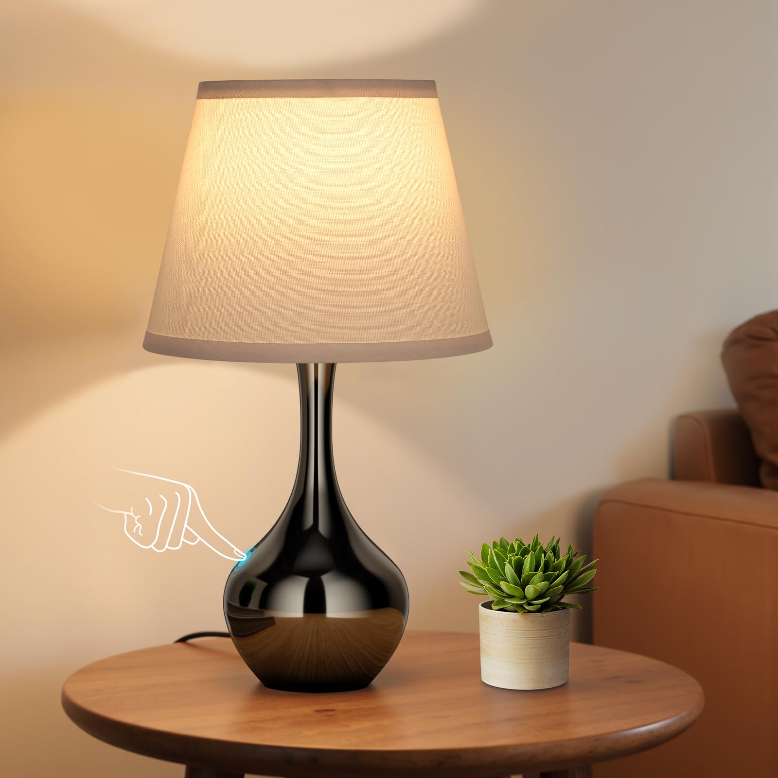 Seealle Touch Table Lamp for Bedroom, 3-Way Dimmable Small Bedside Lamps for Night Stands with Wires, Gloss Black Desk Lamp for Kids Room, Office, Living Room, End Table(LED Bulb Included)