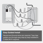 TP-Link Tapo Matter Smart Light Switch: Voice Control w/Siri, Alexa & Google Home | UL Certified | Timer & Schedule | Easy Guided Install | Neutral Wire Required | Single Pole | Tapo S505(2-Pack)