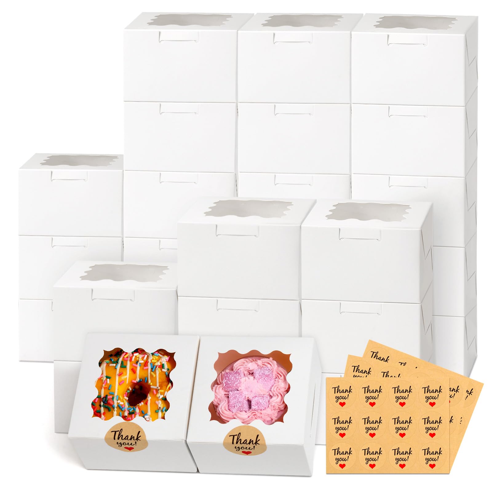 ZYFOTZUN 26pcs White Cookie Boxes with Window, 4x4x2.5 Inch, 36pcs Stickers