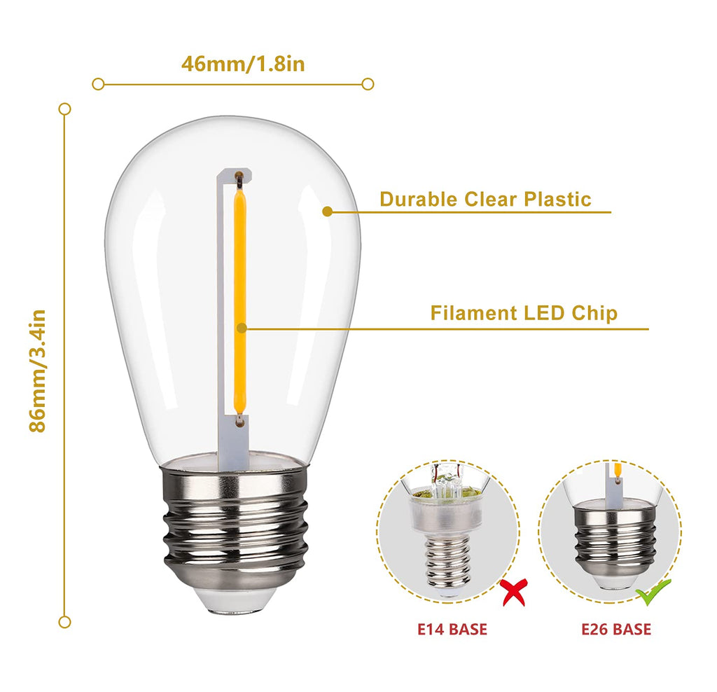 Shatterproof LED String Lights, Waterproof, Warm White 2200K, 70LM, E26 Base - 15 Pack