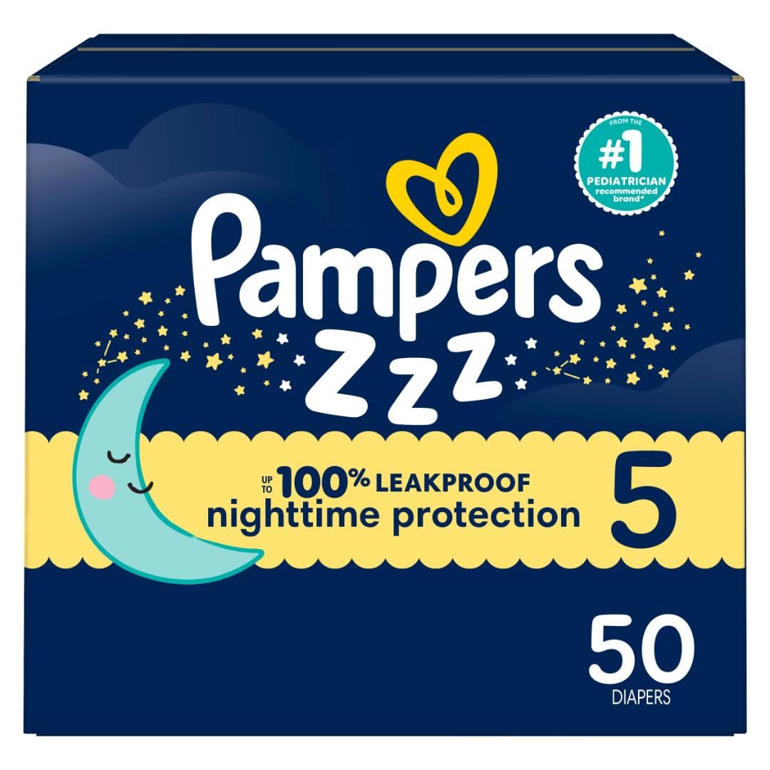Pampers ZZZ Overnight Diapers, Size 5 (20-37 lbs), 50 Count, Nighttime Protection Disposable Baby Diaper