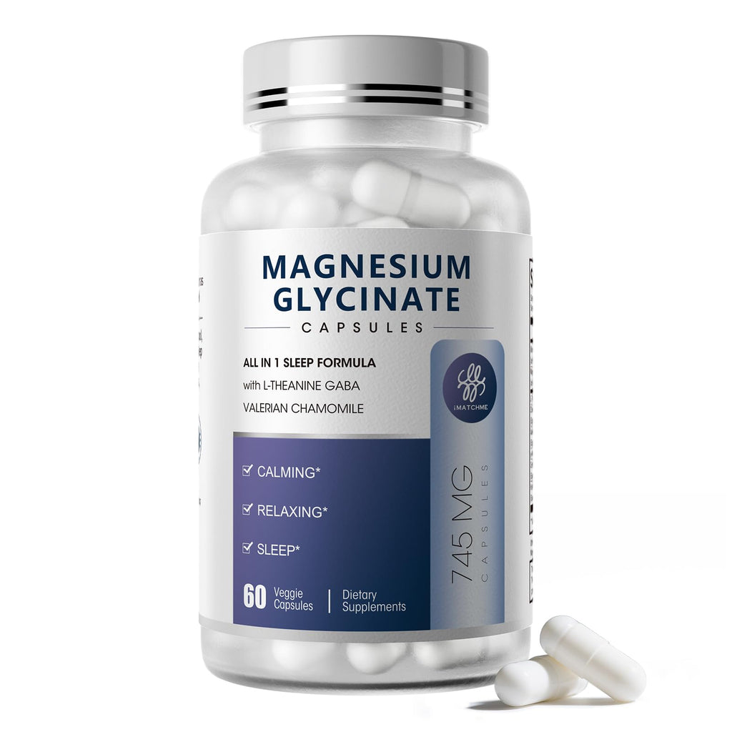 iMATCHME Magnesium Glycinate 850mg Capsules with L-Theanine, Chamomile & GABA for Sleep, Calmness, Muscle, Bone Health & Immune Support, Magnesium for Women and Men, Vegan, High-Absorption, 60 Count