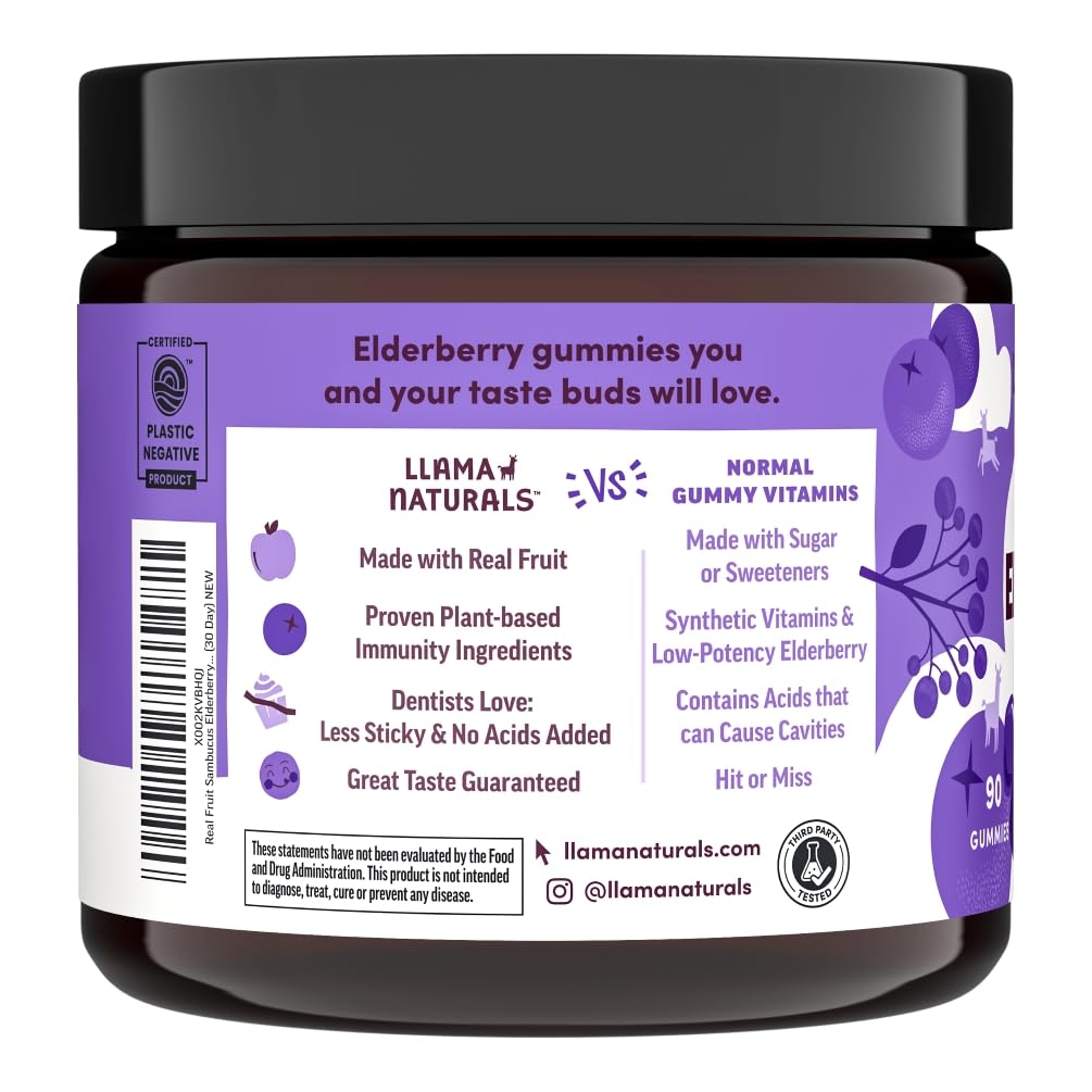Llama Naturals Elderberry Gummies for Adults, Vegan, Organic Immune Support Supplement with Vitamin C and Zinc, Real Fruit Gummy Vitamins for Immunity, Chewable, No Added Sugar Cane, 90 Ct