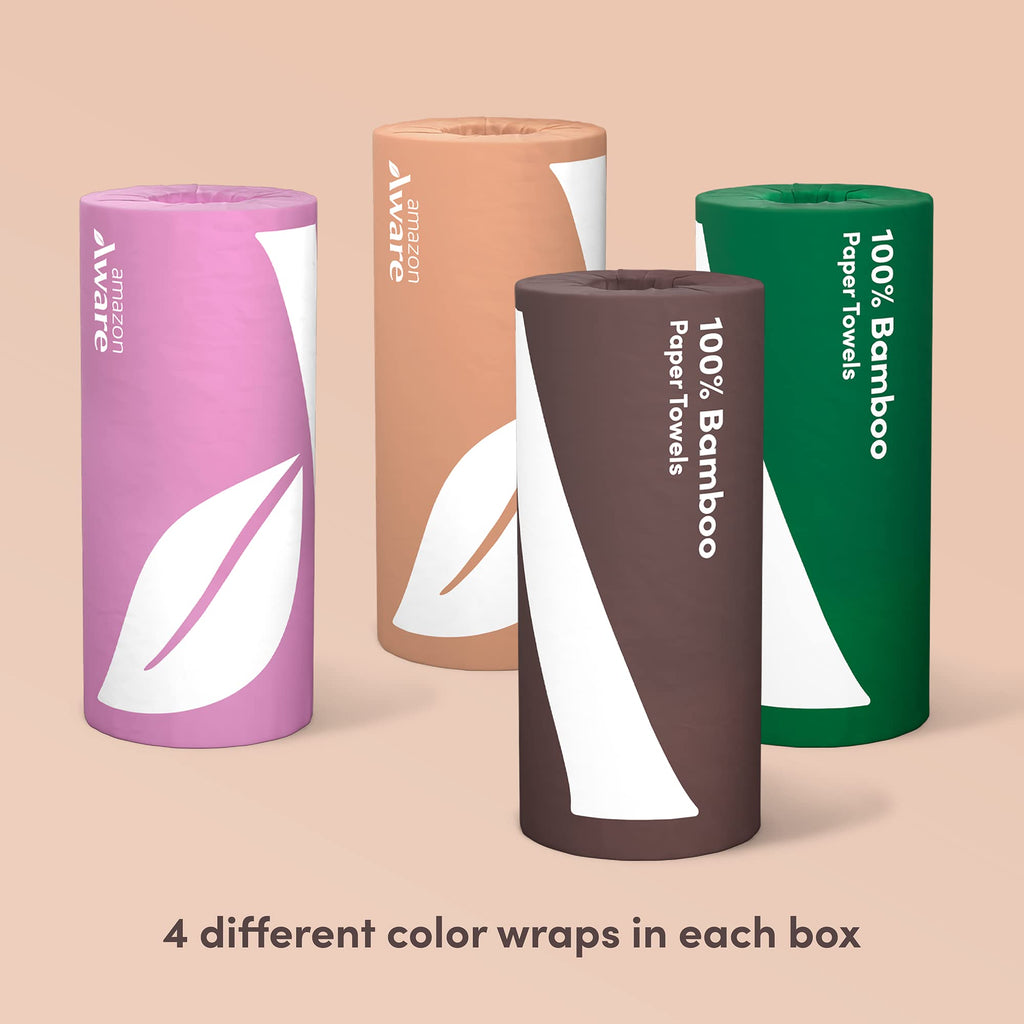 Amazon Aware Bamboo Paper Towels, 6 Rolls, 2 ply, 150 Sheets, 900 Count, Plastic-Free, Multicolor