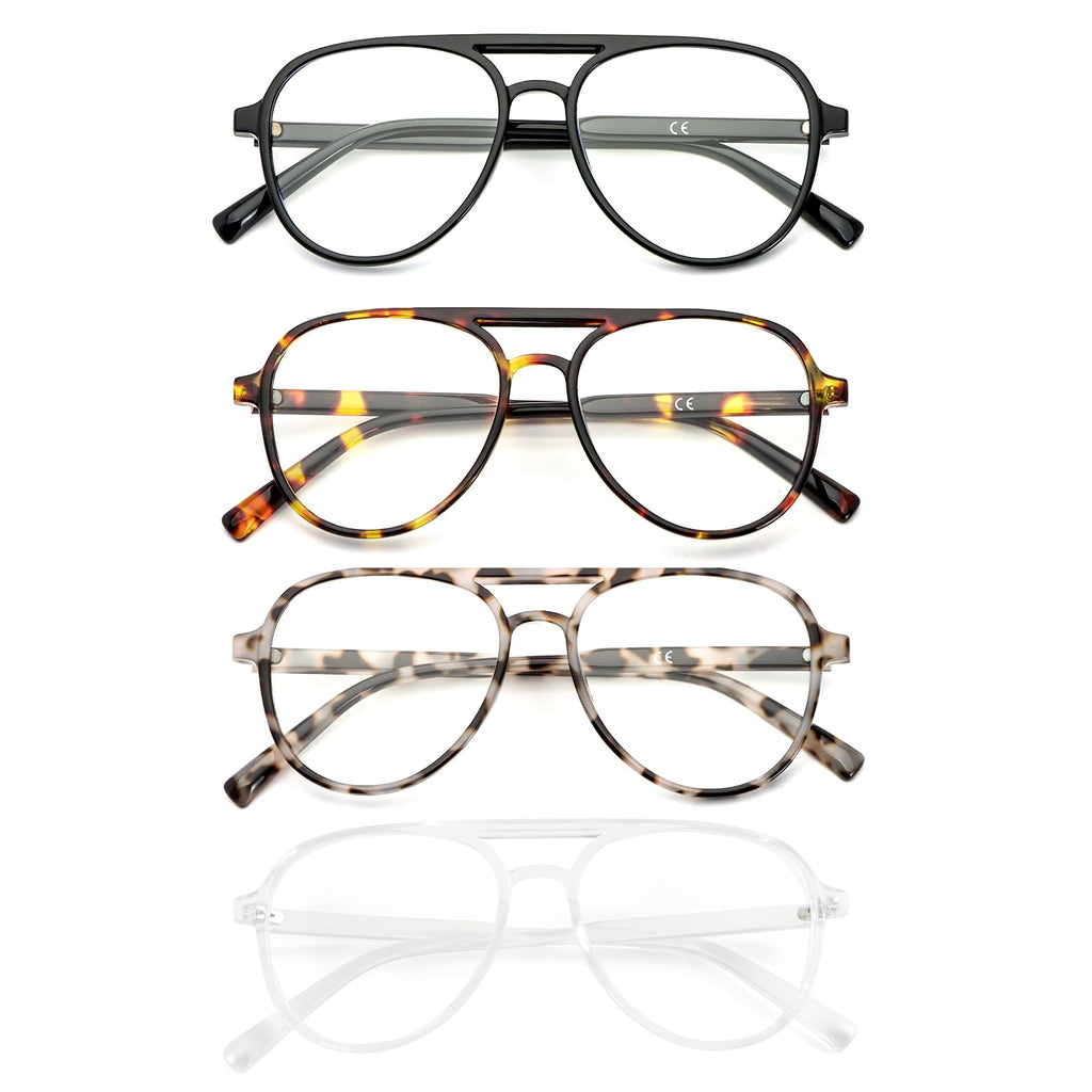 MMOWW 4 Pack Oversized Aviator Reading Glasses for Women Men Retro Double Bridge Pilot Style Blue Light Blocking Computer Readers, Black/Tortoise/Grey Tortoise/Transparent +1.5
