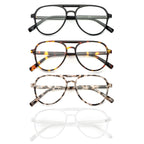 MMOWW 4 Pack Oversized Aviator Reading Glasses for Women Men Retro Double Bridge Pilot Style Blue Light Blocking Computer Readers, Black/Tortoise/Grey Tortoise/Transparent +1.5