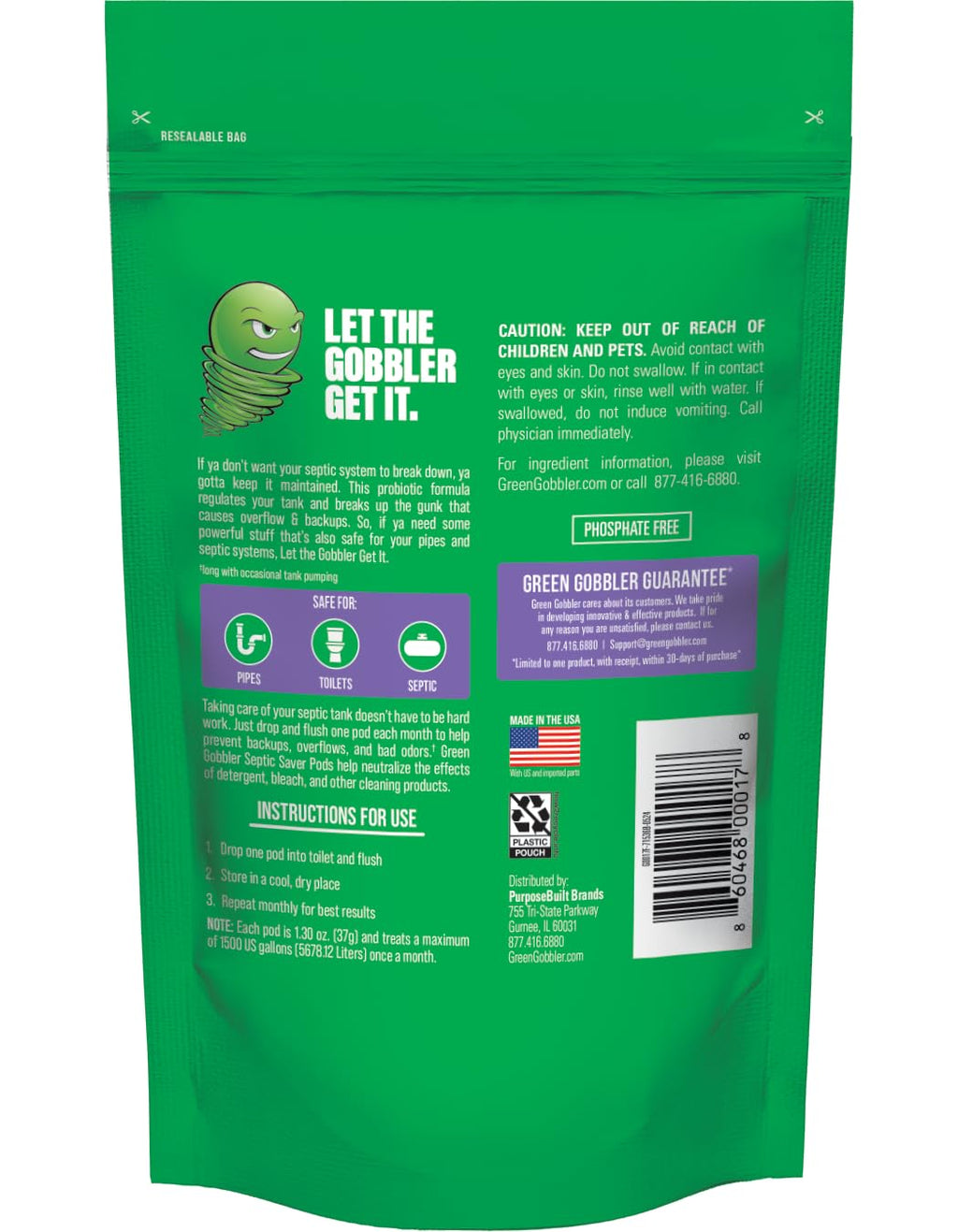 Green Gobbler Septic Tank Treatment Packets - Natural Bacteria to Prevent Costly Septic Issues, Back-Ups, Foul Odor (24 Pods) Pod: Color May Vary