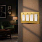 Rio Salto BRASS Signature Collection Metal Gold Quad Decorator Receptacle Metal Wall Plate Cover Light Switch Quad Rocker Decorator Wallplate Covers 4 Gang Brushed Brass 4-Gang Standard Size