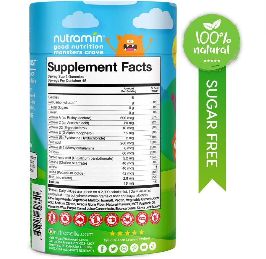 Nutracelle NUTRAMIN Sugar-Free, Allergen-Free 100% Vegan Gummy Multivitamins for Kids - Great Tasting Natural Gummies Your Kids Will Love - 90 Count Bottle