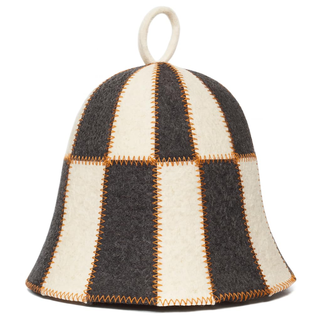 ASKOLD Wool Sauna Hat Checkered - Wool Banya Hat Sauna Cap for Men - Sauna Cap for Women to Protect Hair Grey and White