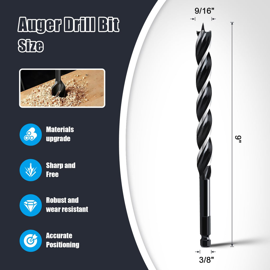 WOBLLMX 9/16'' x 9'' Auger Drill Bit for Wood, Hex Shank Tri Flute Ship Auger Long Drill Bit for Soft and Hard Wood,Tree Stump,Plastic,Drywall and Composite Materials