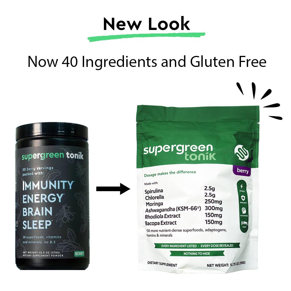 SUPERGREEN TONIK 100% Natural Greens Superfood Powder – Daily Supplement with 40 Superfoods, Vitamins and Minerals – Supports Energy, Stress and Immunity – 30 Days 360 Grams Berry Flavor (1 Bag)