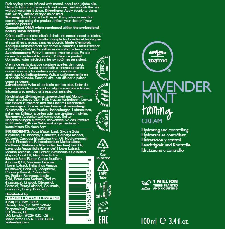 Tea Tree Lavender Mint Taming Cream, Rich Hair Styling Cream, For Coarse, Curly + Dry Hair, 3.4 fl. oz.
