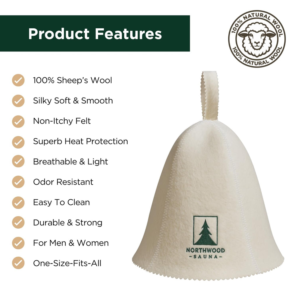 Northwood Sauna - Sauna Hat - 100% Wool Felt - Banya Hair Cap for Men & Women - One-Size-Fits-All - Soft Beige